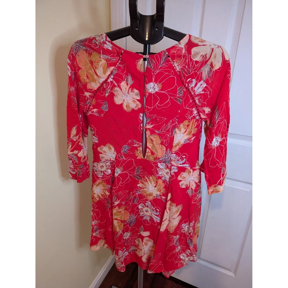 Free People All Eyes On You Dress Womens 2 Floral V-Neck Bell Sleeve Pockets